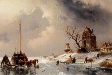 Carlos Leickert Painting - Figuras cargando un carro tirado por caballos sobre el paisaje de hielo Charles Leickert